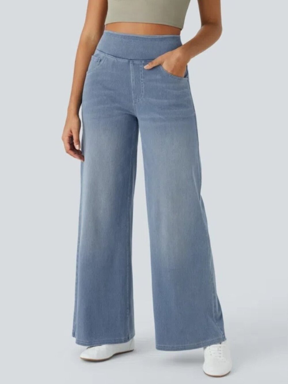 NWT Halara Small Flex High Waist Pull On Baggy Wide Leg Denim Womens Grey Blue